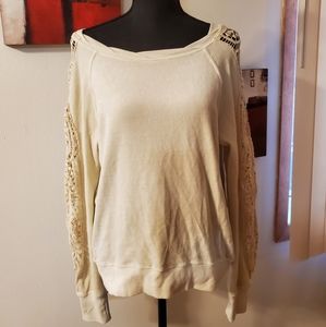 Pam & Gela ivory sweater with crocheted sleeves